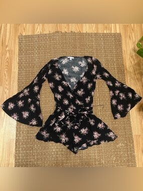 American Eagle Outfitters Black Floral Top with Pink Rose Print